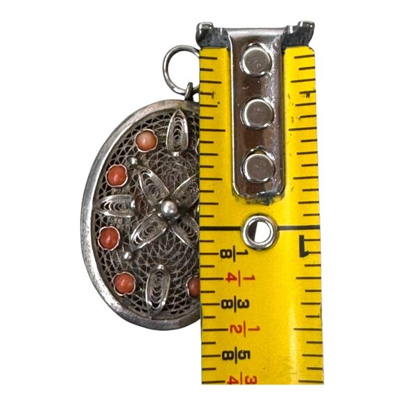 Antique Filigree Sterling Silver & Coral Tibetan Prayer Box Locket Pendant 6.67g - Picture 3 of 5